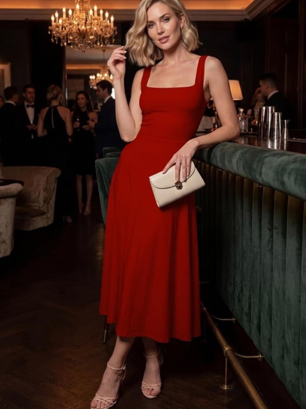 Elegant Red Square-Neck Midi Dress